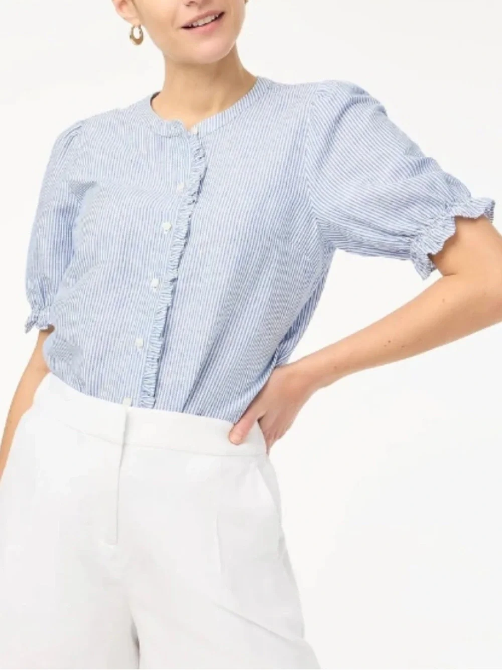 J. Crew Linen Blend Poplin Puff Sleeve Ruffle Top, Size L, New without Tag